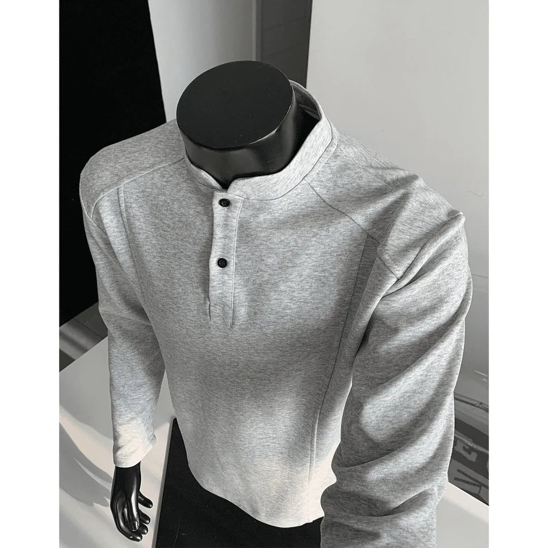 Men's patchwork polo shirt with stand-up collar and asymmetric design in heather gray