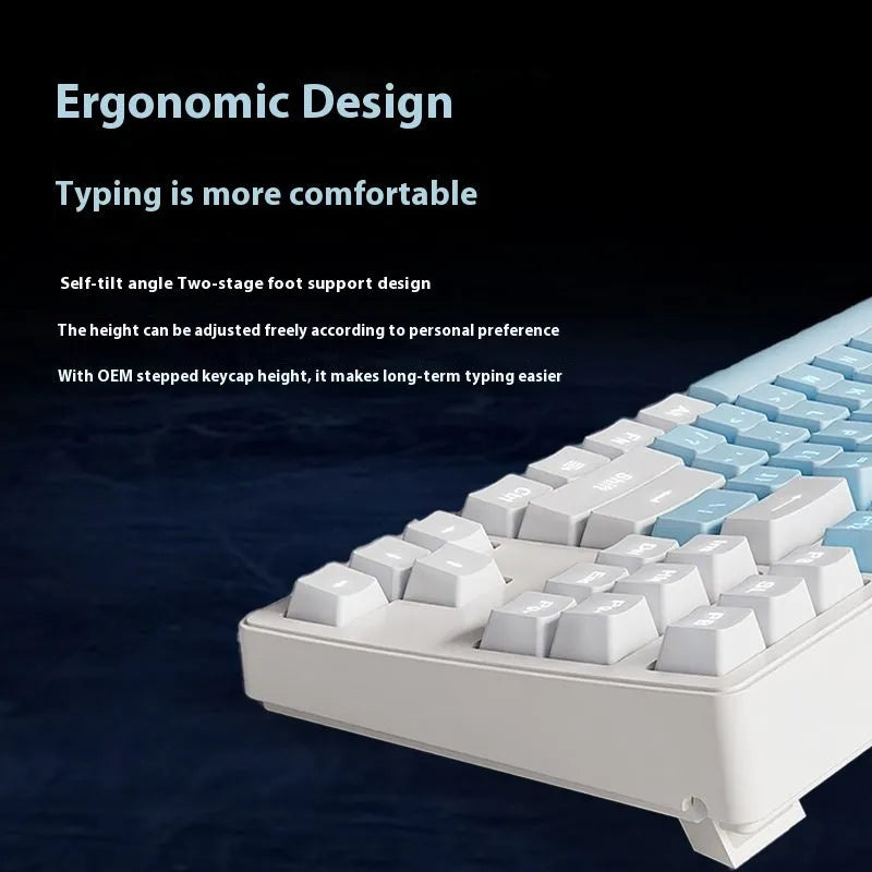 Wireless mechanical keyboard with triple connectivity showing blue and white colour matching design