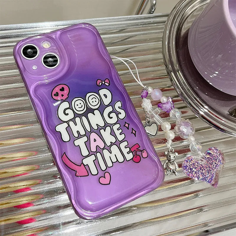Purple graffiti English love chain phone case for iPhone 14 with love pendant on white background