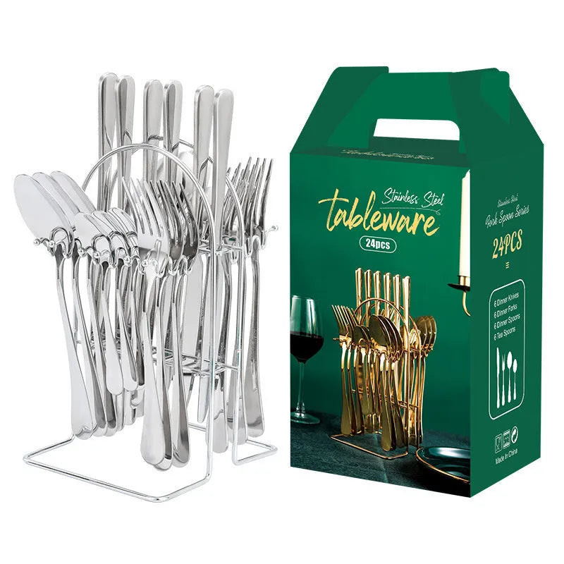 Gold stainless steel 24 piece dinnerware set with storage rack knife fork spoon on white background