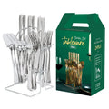 Gold stainless steel 24 piece dinnerware set with storage rack knife fork spoon on white background