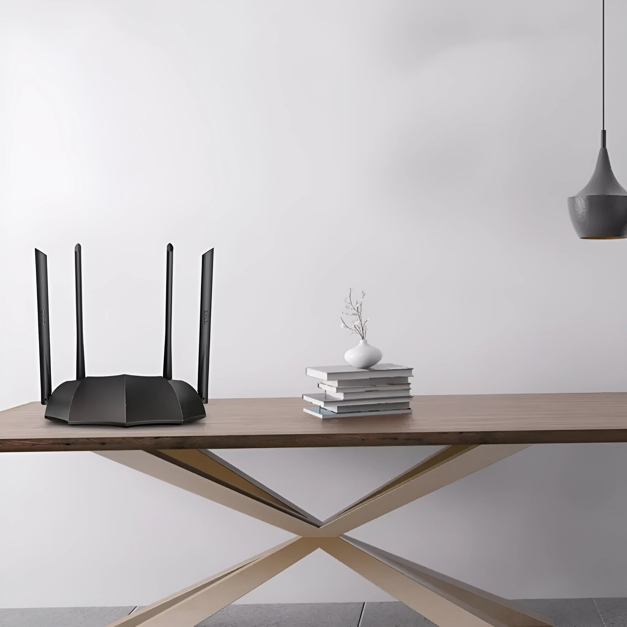 Dual-band wireless router with gigabit ports measuring 365mm by 286mm by 70mm