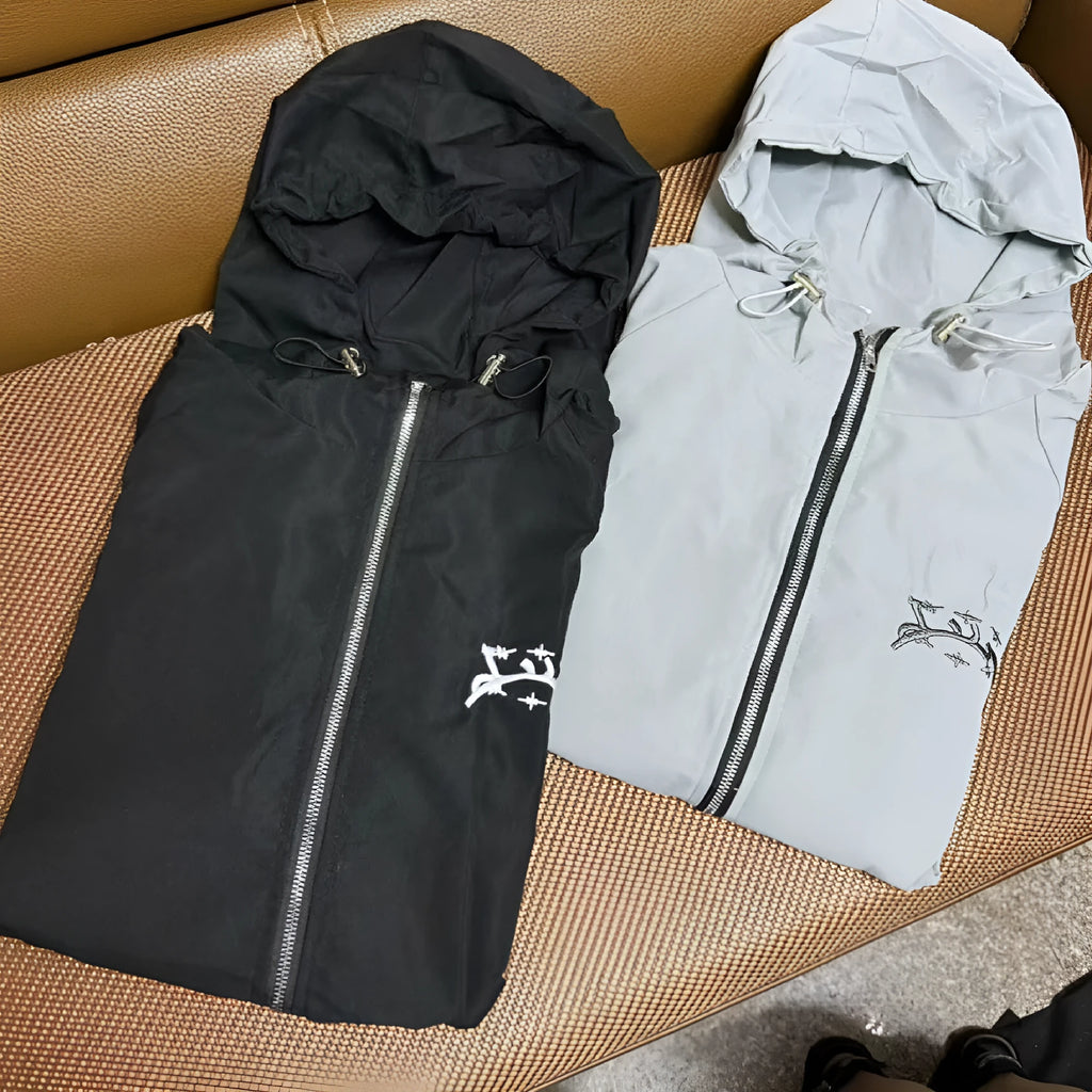 Men's grey hooded loose-fitting British style polyester jacket