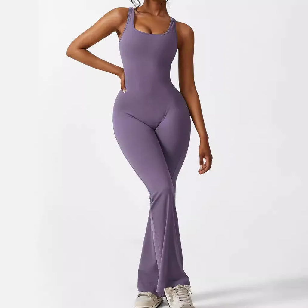 Women's sleeveless flare jumpsuit for fitness and yoga in high elasticity polyester fabric