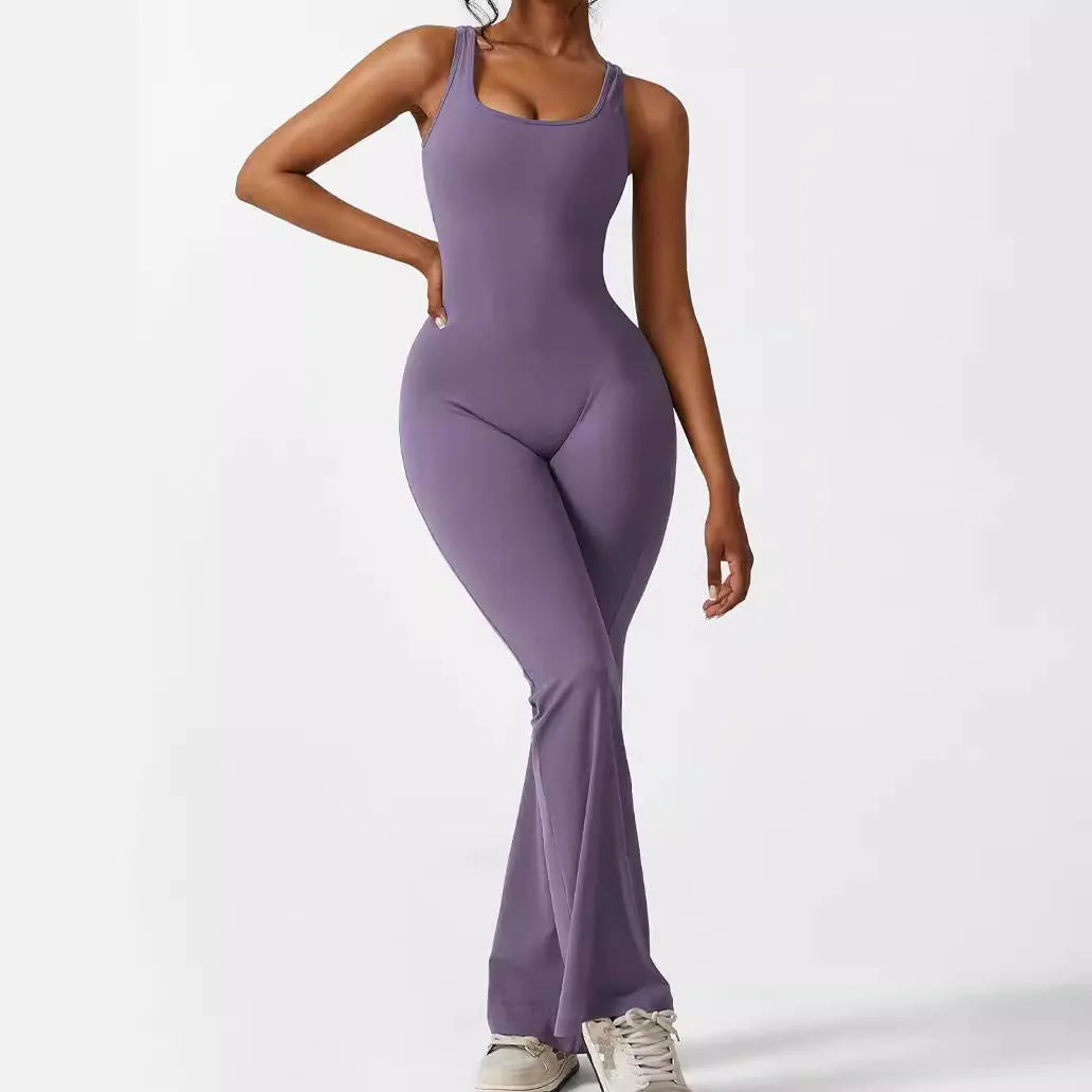 Women's sleeveless flare jumpsuit for fitness and yoga in high elasticity polyester fabric