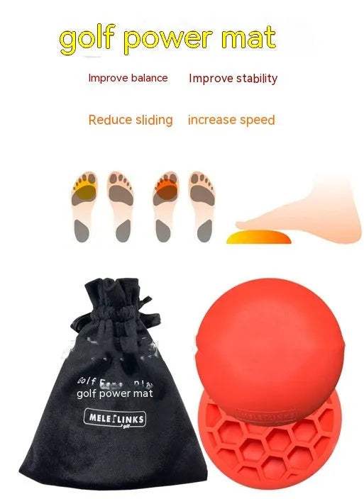 Orange natural rubber golf training mat with centre of gravity trainer for swing practice