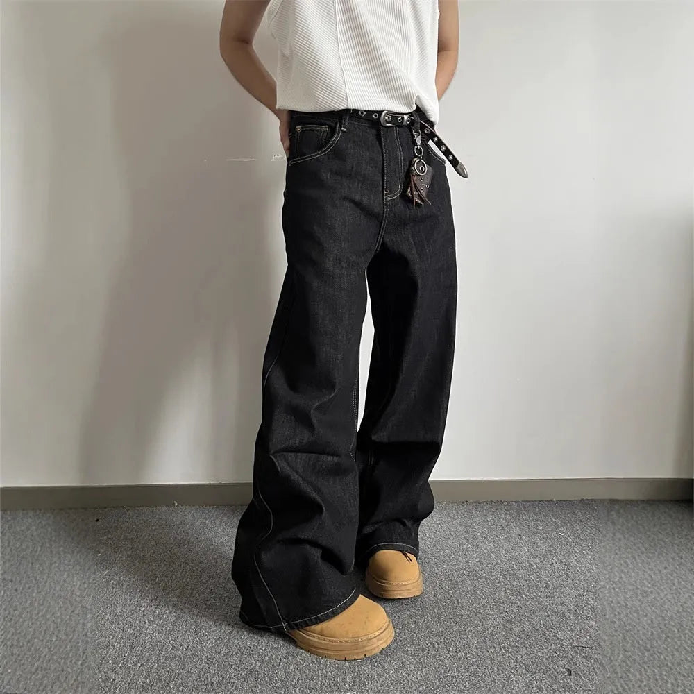 Black retro straight-leg jeans with loose wide-leg fit and zip fly