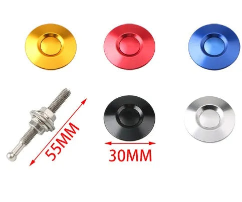 30mm diameter aluminium car engine cover lock with a button head, shown with a 55mm screw, in red finish.