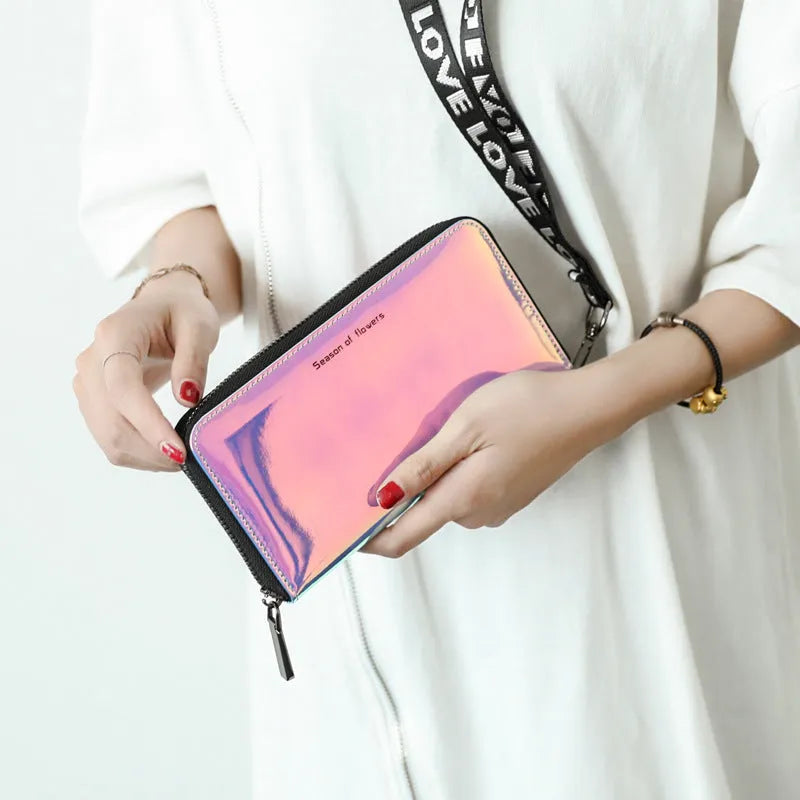 Women's short folding Korean style wallet in crystal blue, magic nail glitter, or symphony green colours showing 11cm dimensions