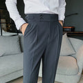 Men's straight leg casual trousers in solid colours on a size chart showing waist measurements 29 to 36.