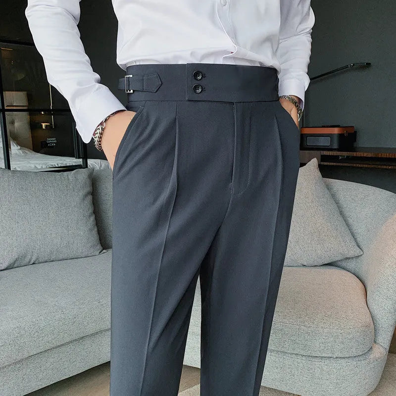 Men's straight leg casual trousers in solid colours on a size chart showing waist measurements 29 to 36.