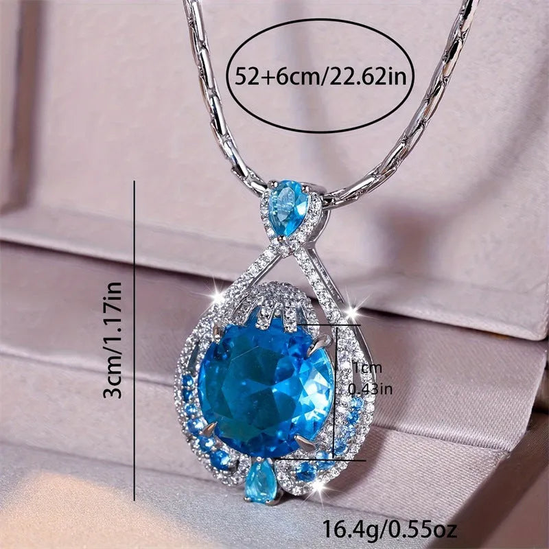 Geometric blue crystal pendant necklace with water wave chain for women