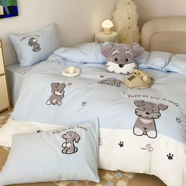 Cartoon Schnauzer pattern bed linen set with embroidered details on a cotton quilt cover and pillowcase.