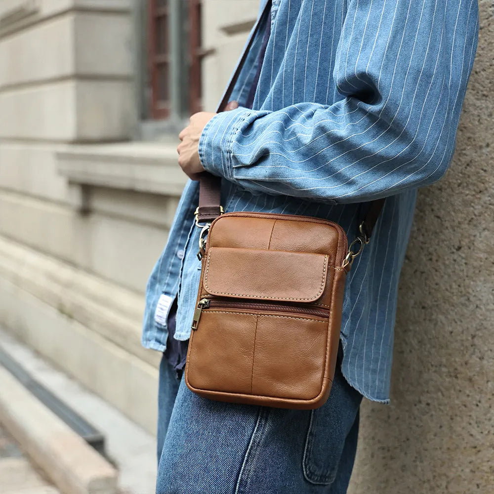 Men's brown genuine leather crossbody shoulder bag with visible sewing lines