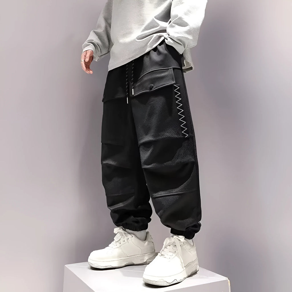 Plus-sized high waist drawstring big pocket teen trousers in black and green, size M to XXXL