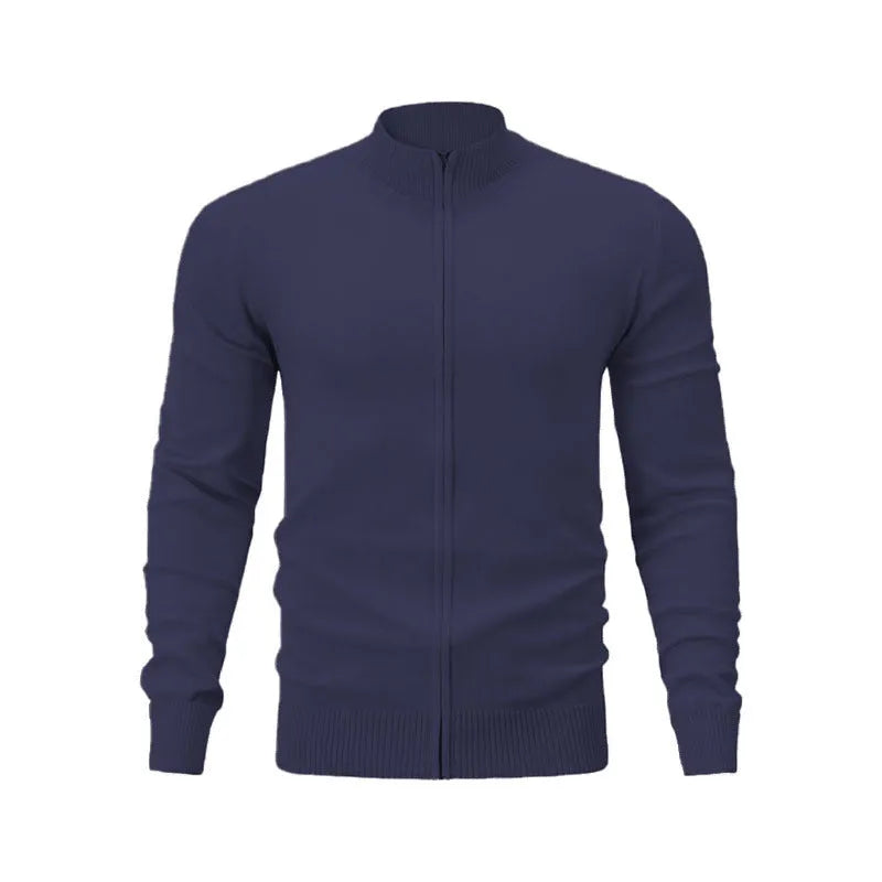 Men's zip-front cotton sweater with stand collar in solid colour options