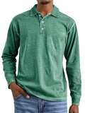Men's retro washed black cotton long sleeve polo shirt with lapel collar laid flat