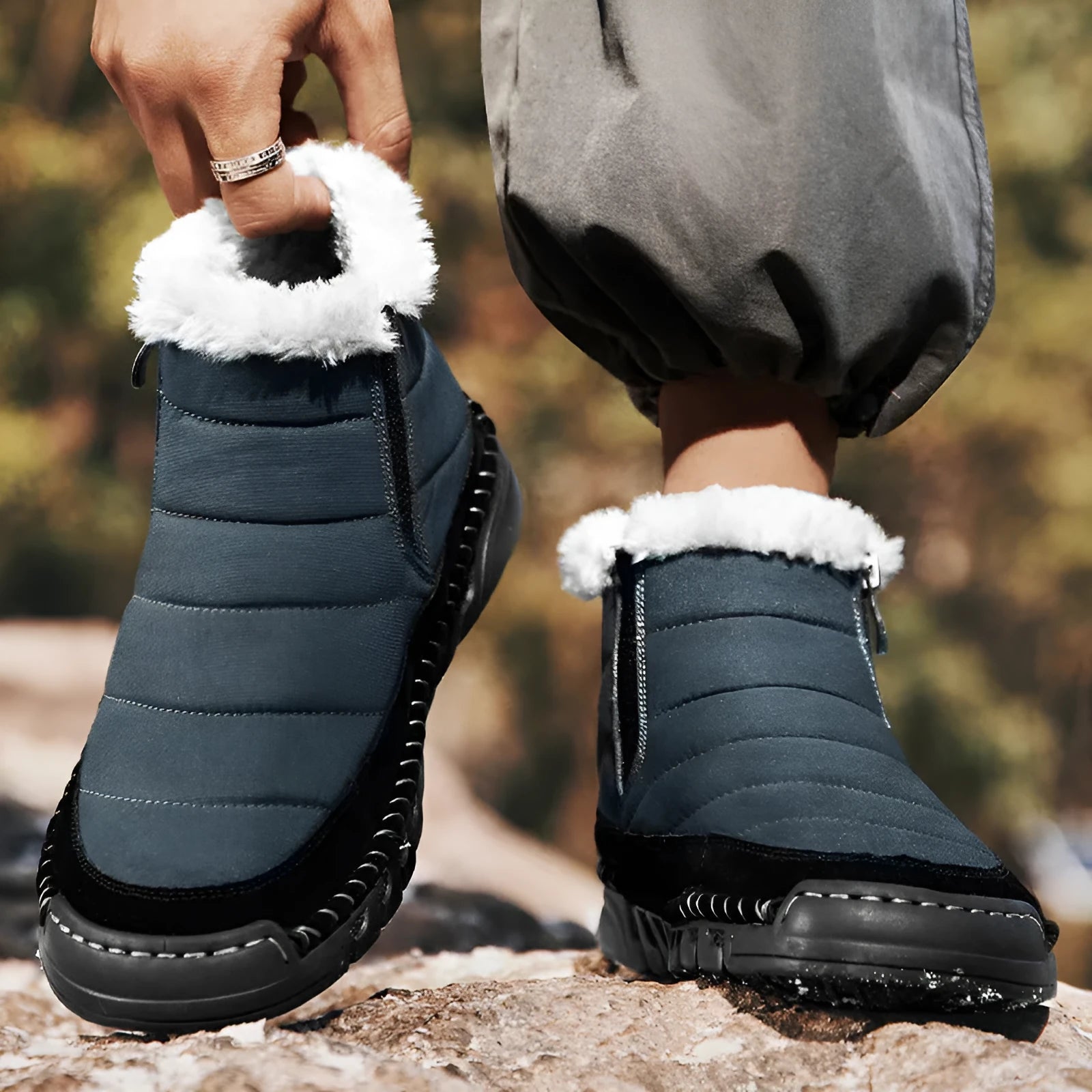 Men's plus size snow boots in black with round toe, cotton cloth upper, and non-slip rubber sole