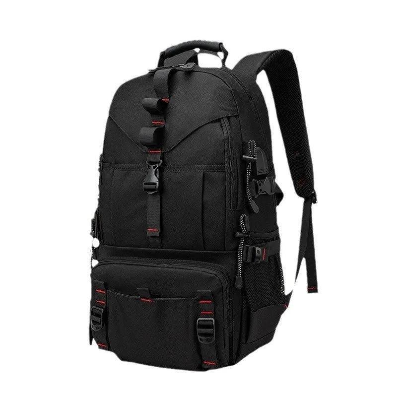 Men's large waterproof Oxford cloth hiking backpack with contrasting colours and an air pillow belt system.