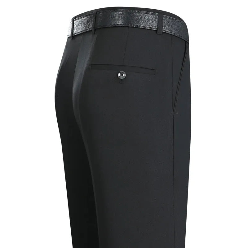 Men's straight leg non-iron business trousers in a mulberry silk blend fabric, shown in a dark blue colour.