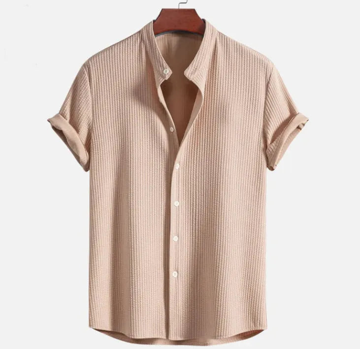 Men's loose short sleeve polyester shirt in wine red colour showing front view