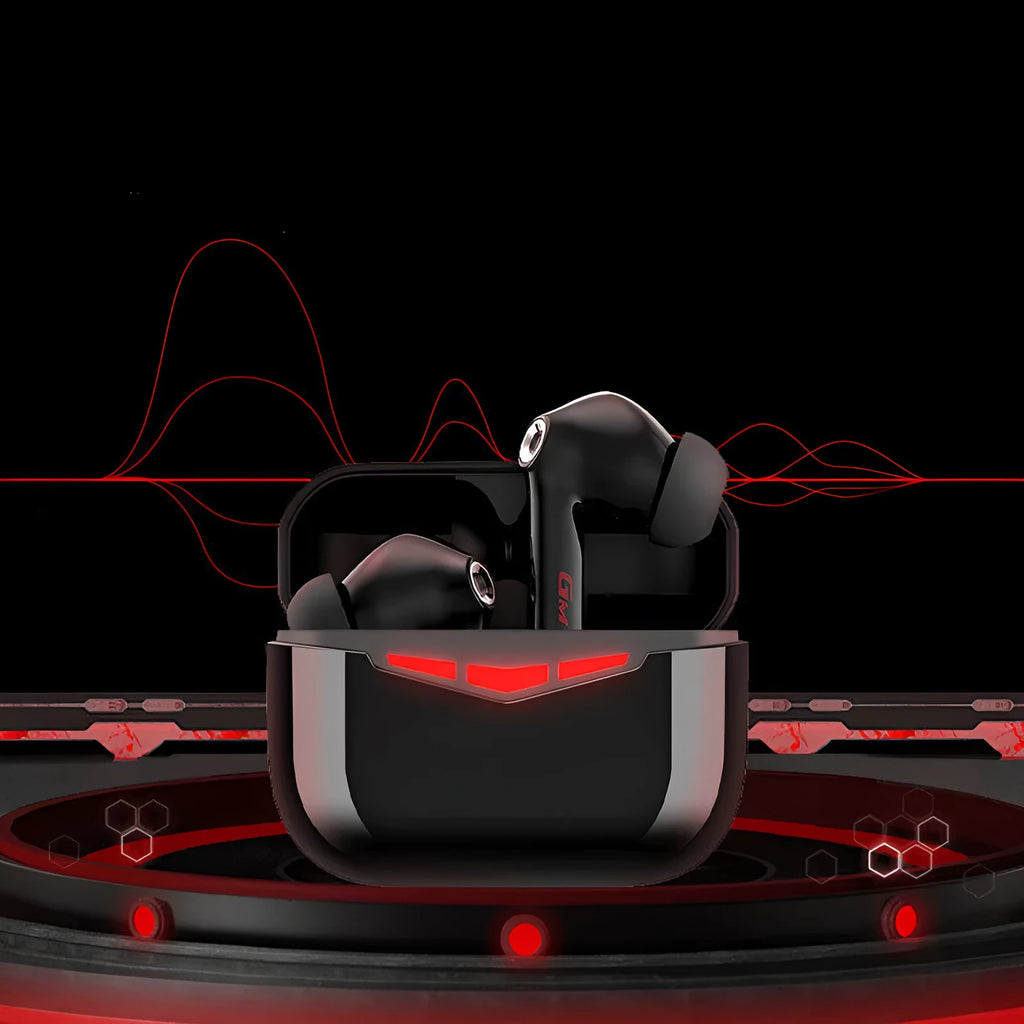 True wireless gaming Bluetooth in-ear headphones with charging case and spare earmuffs.