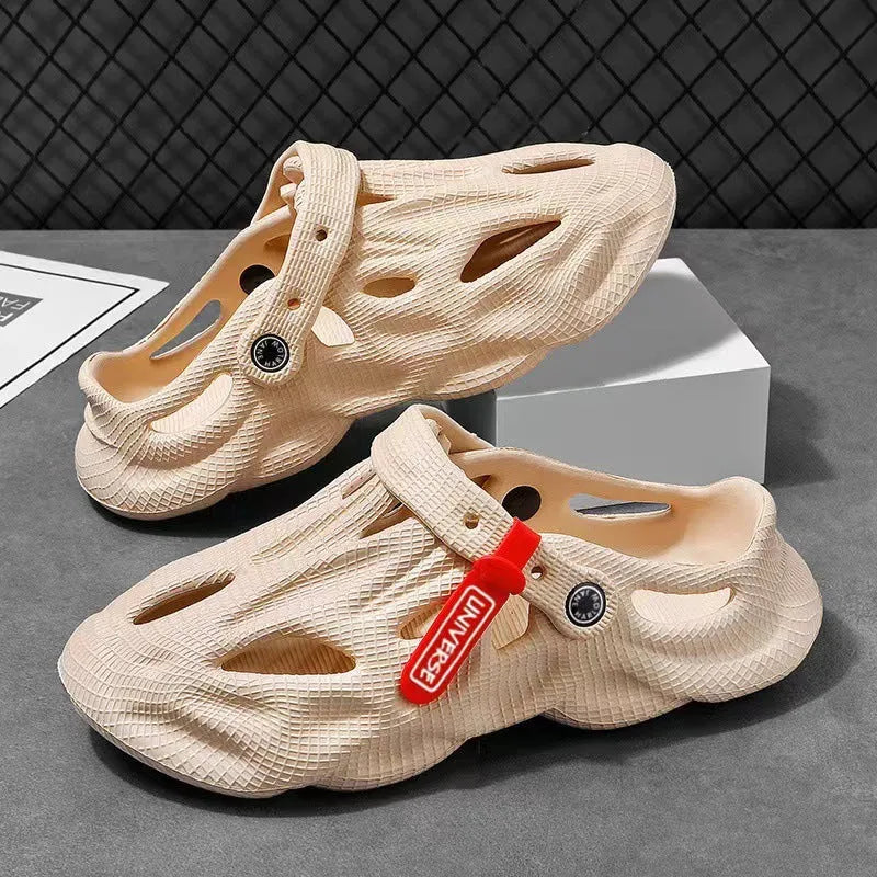 Korean-style grey EVA foam closed-toe slippers with a frosted texture and thickening sole.
