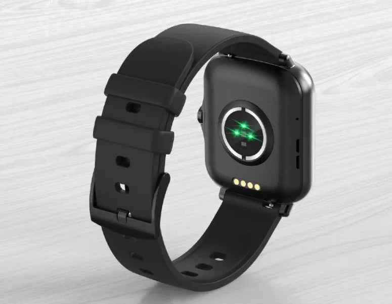 Black smart watch with a 1.7-inch colour touch screen on an adjustable strap, showing a fitness tracking interface.