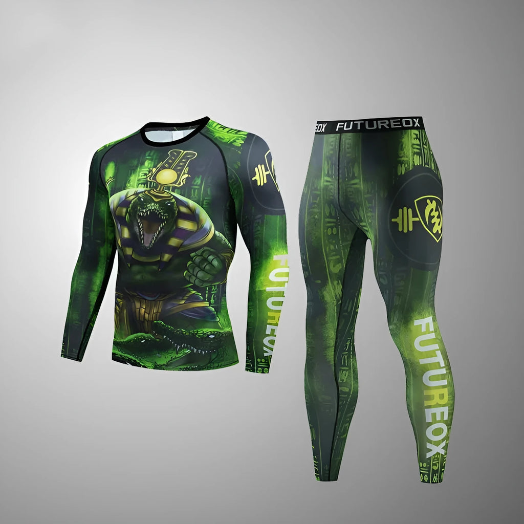 Grey printed men's slim-fit long sleeve sports top and matching trousers set for gym and running.