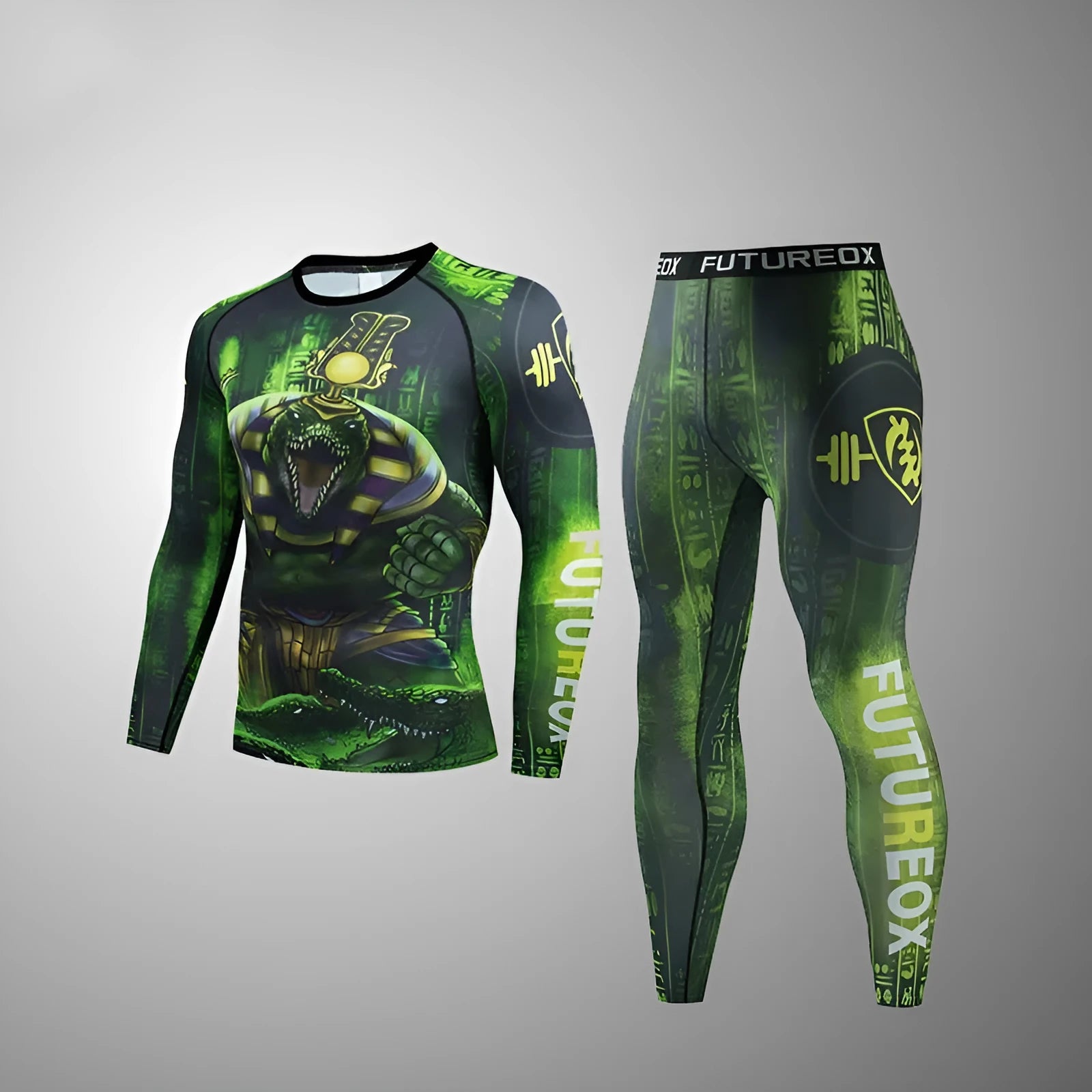 Grey printed men's slim-fit long sleeve sports top and matching trousers set for gym and running.