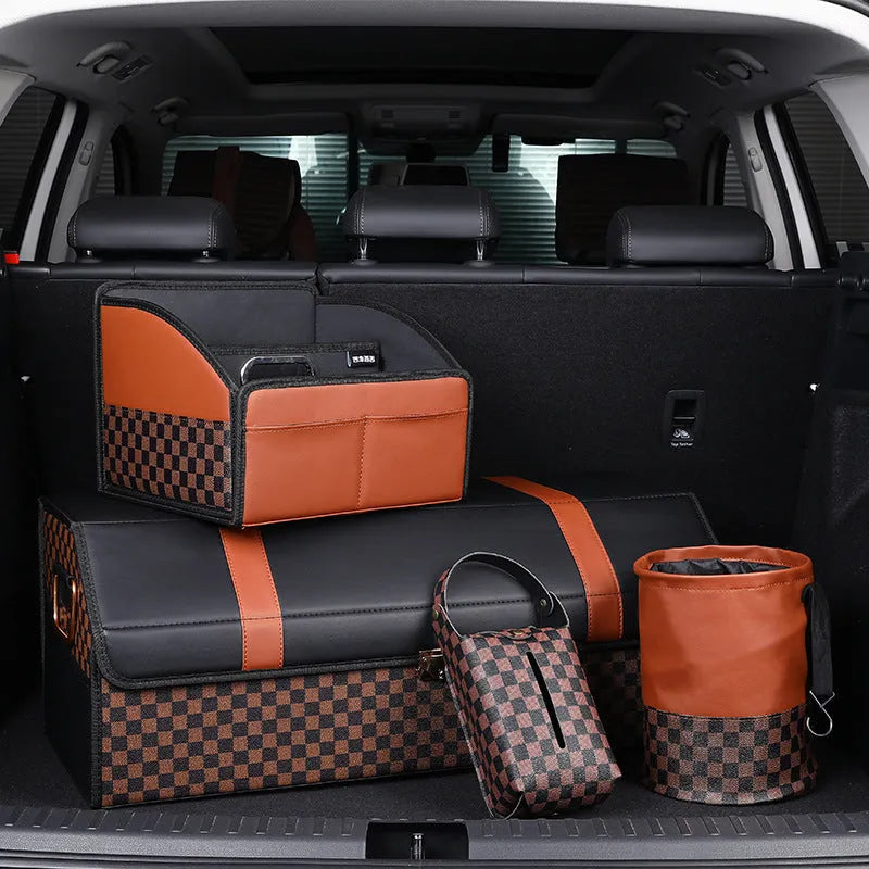 Leather retractable car trash can shown folded and unfolded, with waterproof construction and carrying handle