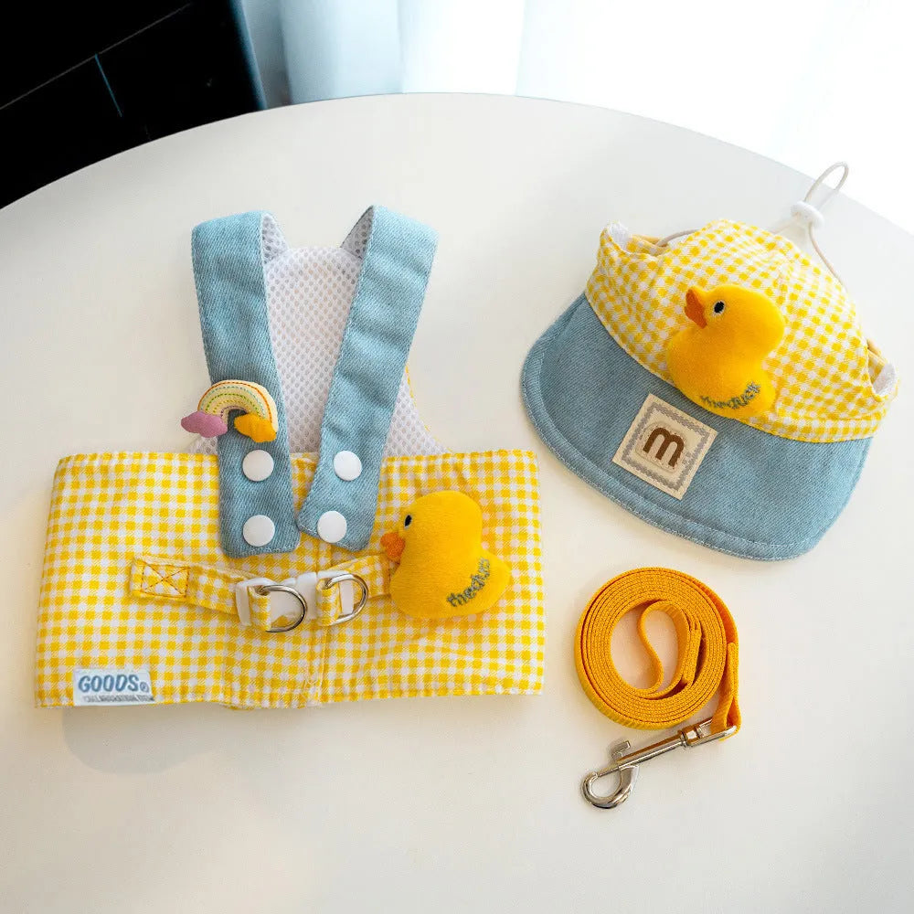 Three-piece pet set with a dog harness and leash, a wire rope pulling toy, and a cute hat on a cat or small dog.