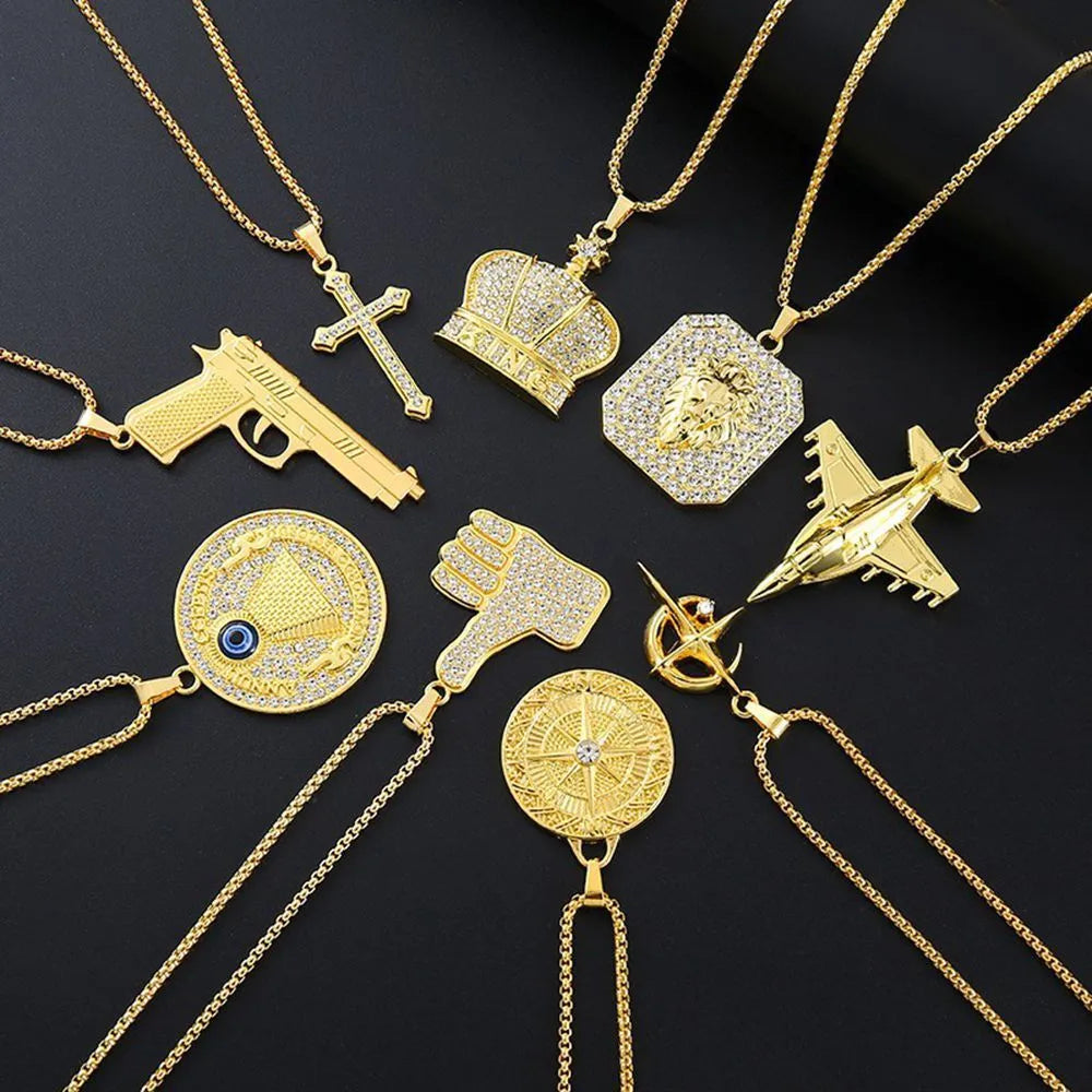 Gold geometric women's necklace with zircon stones and alloy pendant