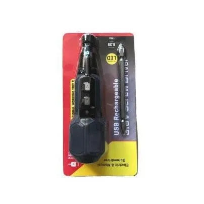Black and blue alloy steel electric screwdriver with straight handle and rechargeable battery
