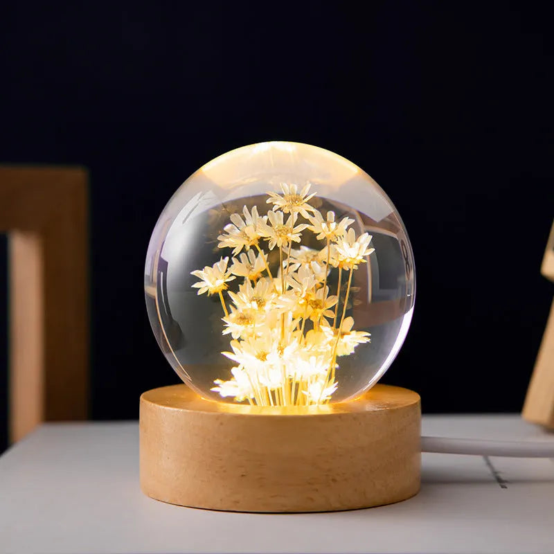 3D dandelion crystal ball LED desk lamp on beech wood base