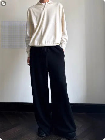 Pure wool lapel polo sweater in loose fit, shown in milky white and navy blue.