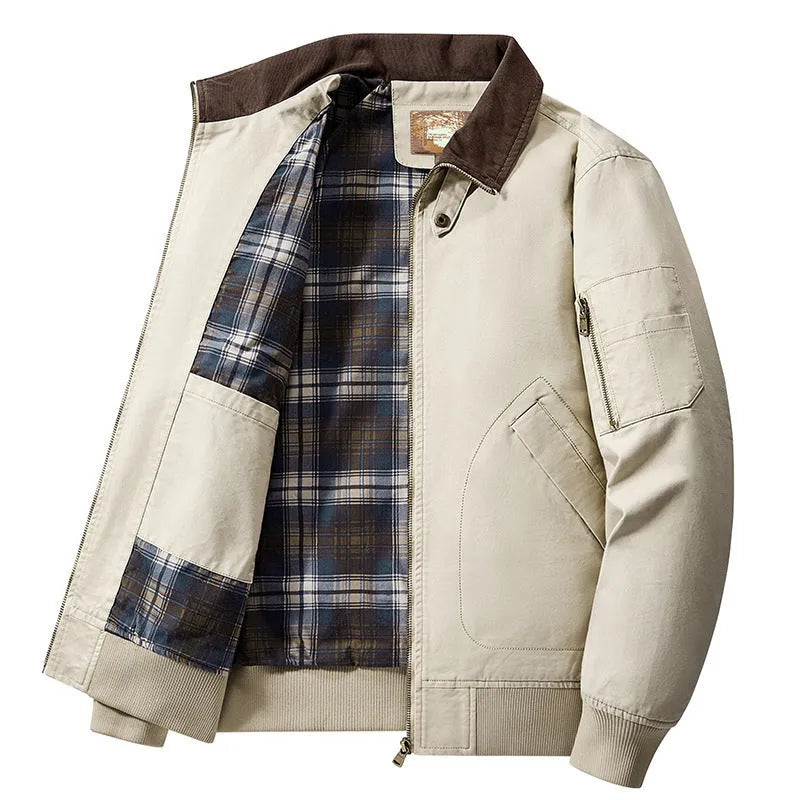 Men's plus size washed cotton flight jacket shown in camel colour.