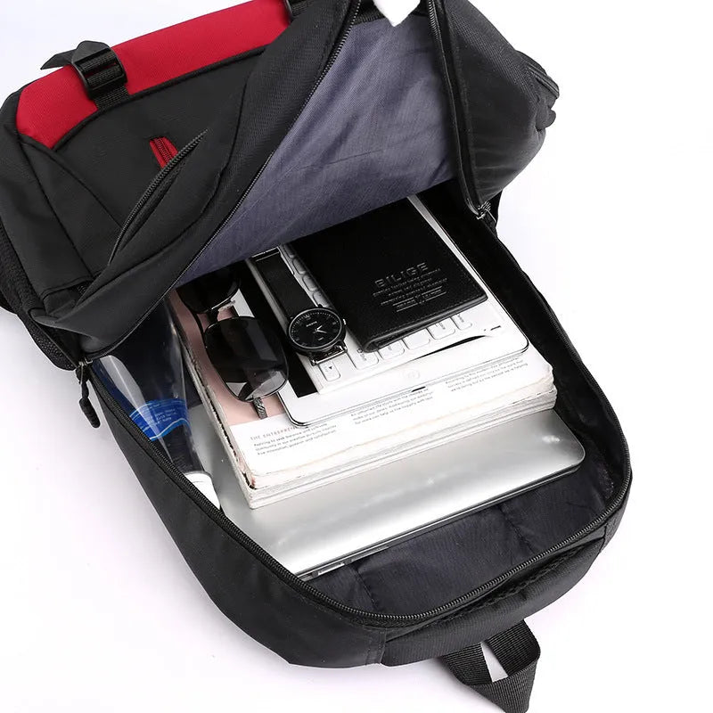 Nylon waterproof schoolbag with airpillow straps, in black, blue, gray, and red colours