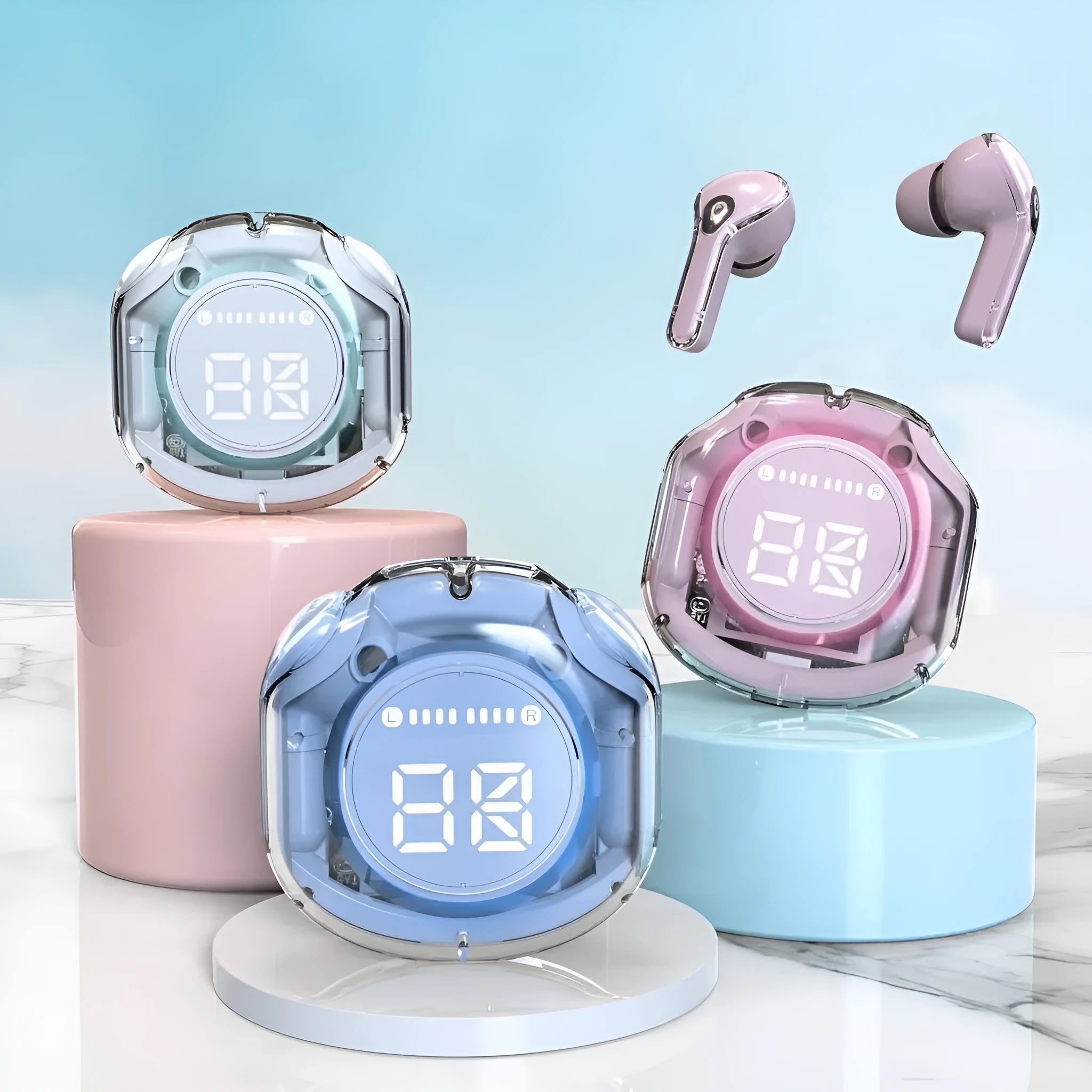 Transparent wireless Bluetooth headset showing internal components with breathing light