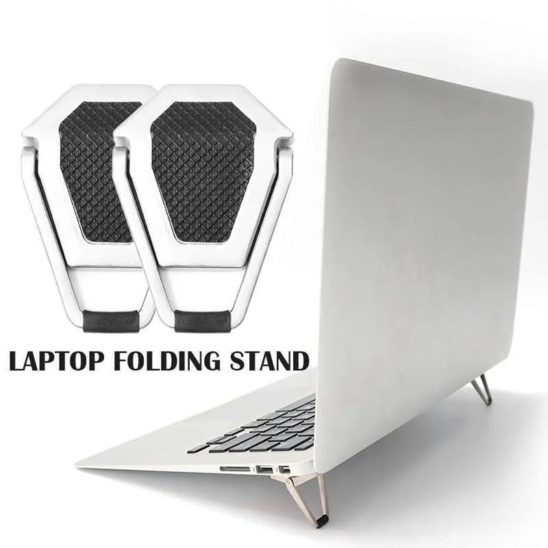 Foldable aluminium laptop bracket in silver colour with compact folded dimensions
