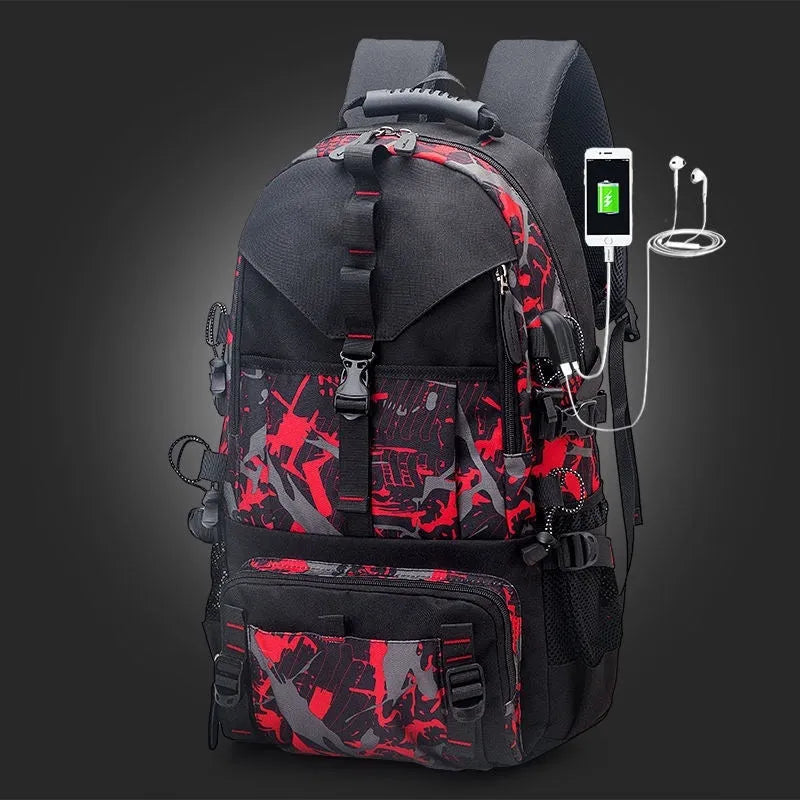 Men's large waterproof Oxford cloth hiking backpack with contrasting colours and an air pillow belt system.