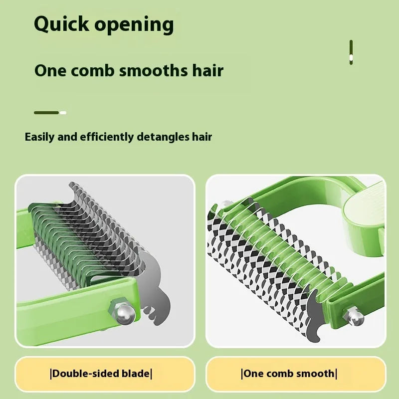 Green dog grooming comb with stainless steel teeth for detangling matted pet hair