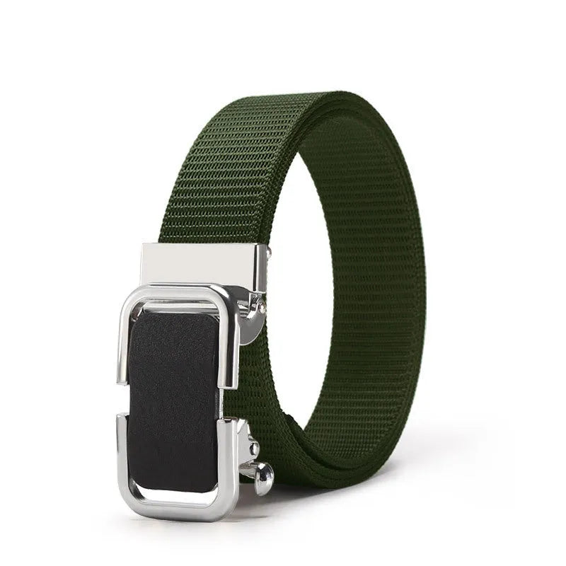 Men's nylon canvas toothless belt with alloy buckle in multiple colour options including army green, black, and blue