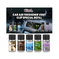 Pack of five small bottles of liquid car air freshener refill in different scents.