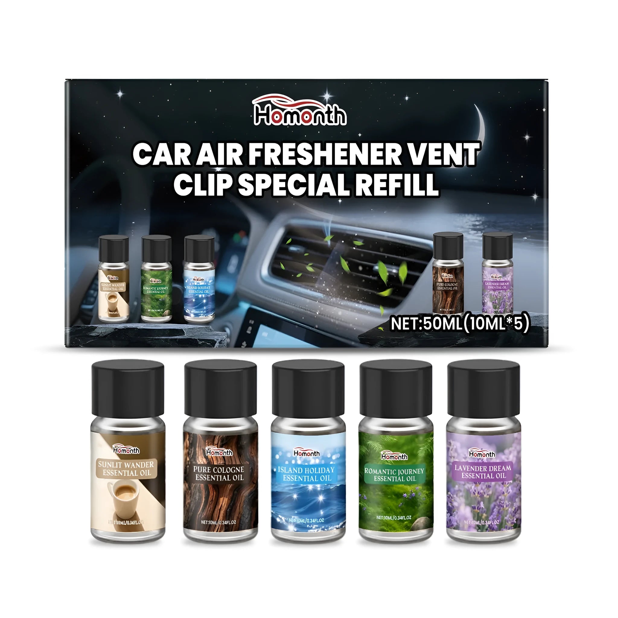 Pack of five small bottles of liquid car air freshener refill in different scents.