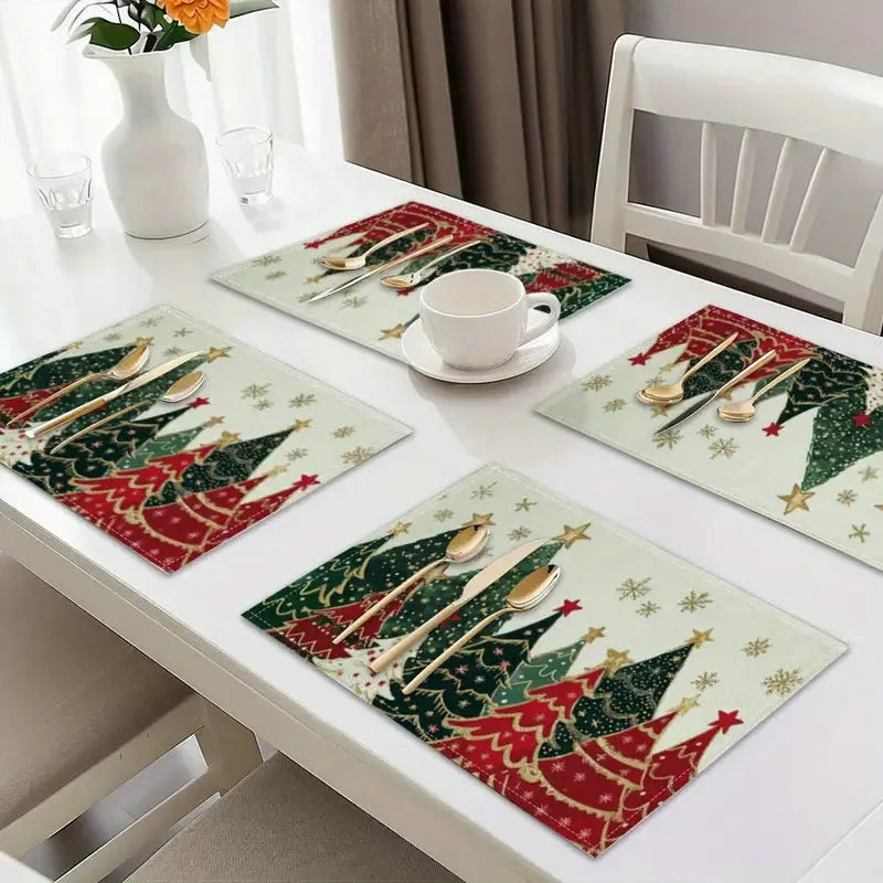 Square linen Christmas placemat with tree print, 30x45cm, in a holiday table setting