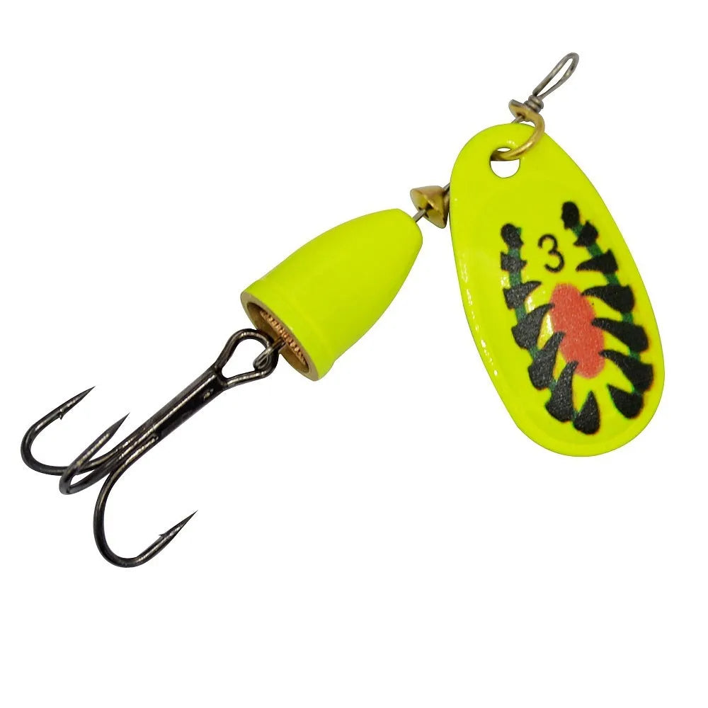 R composite rotating sequins copper bell metal fishing lure in multiple colour options on a tackle box.