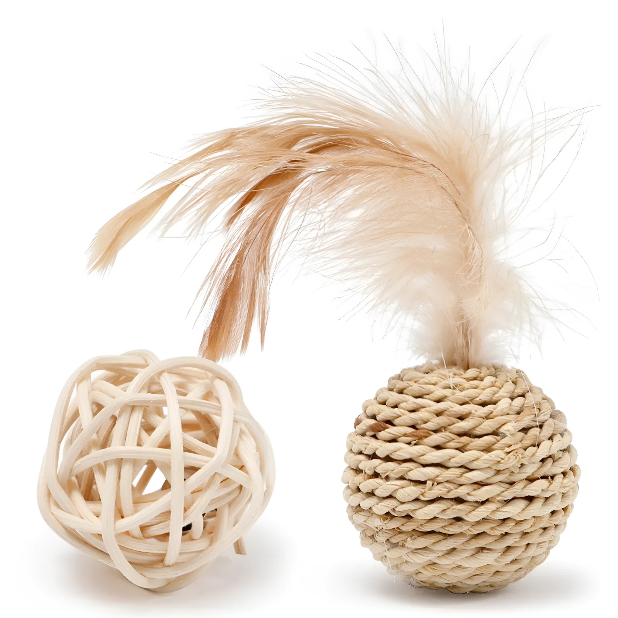 Two cat toys: hollow rattan ball and faux feather ball with bell attachment on neutral background