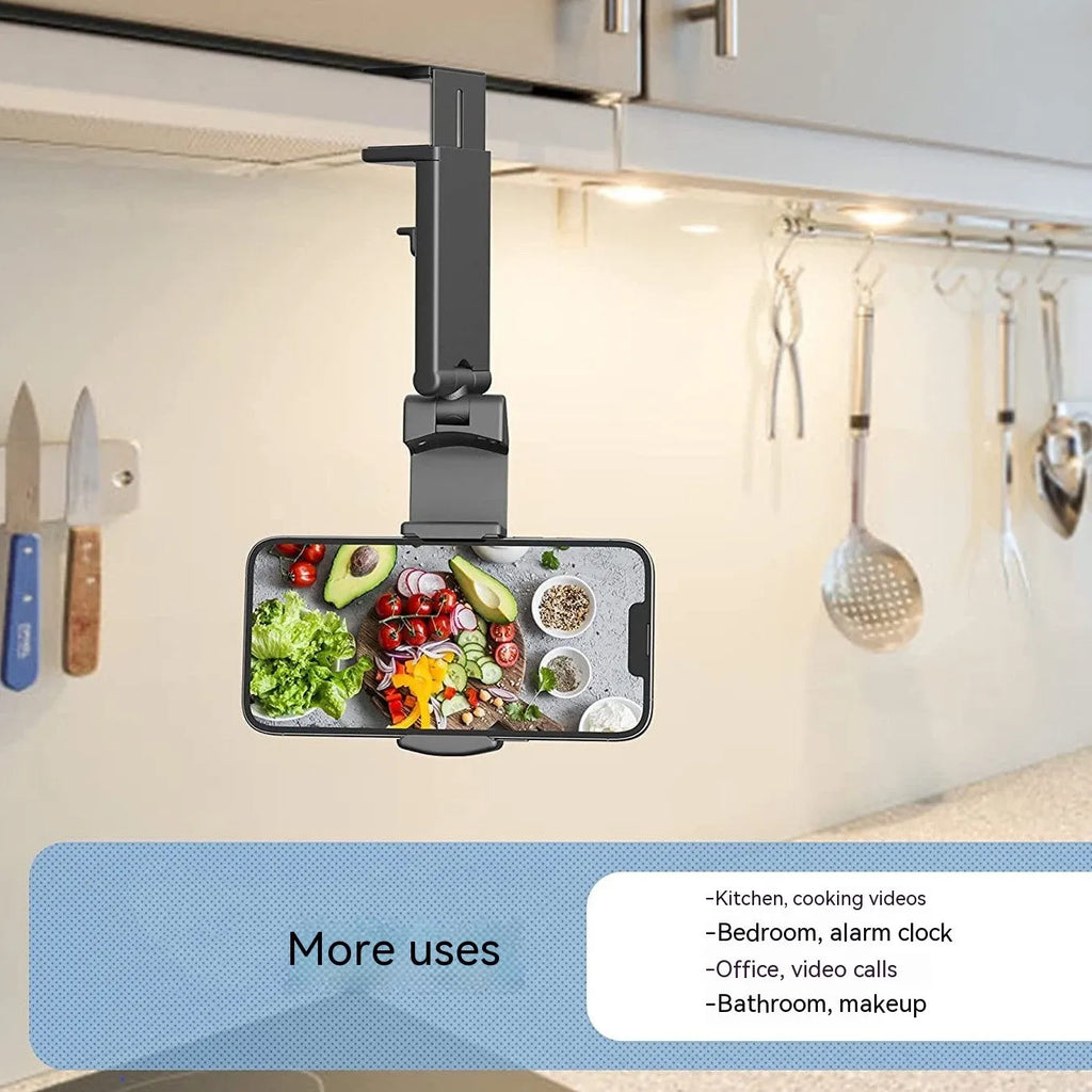 Black foldable phone holder with rotating mechanism shown holding a mobile phone at an angle