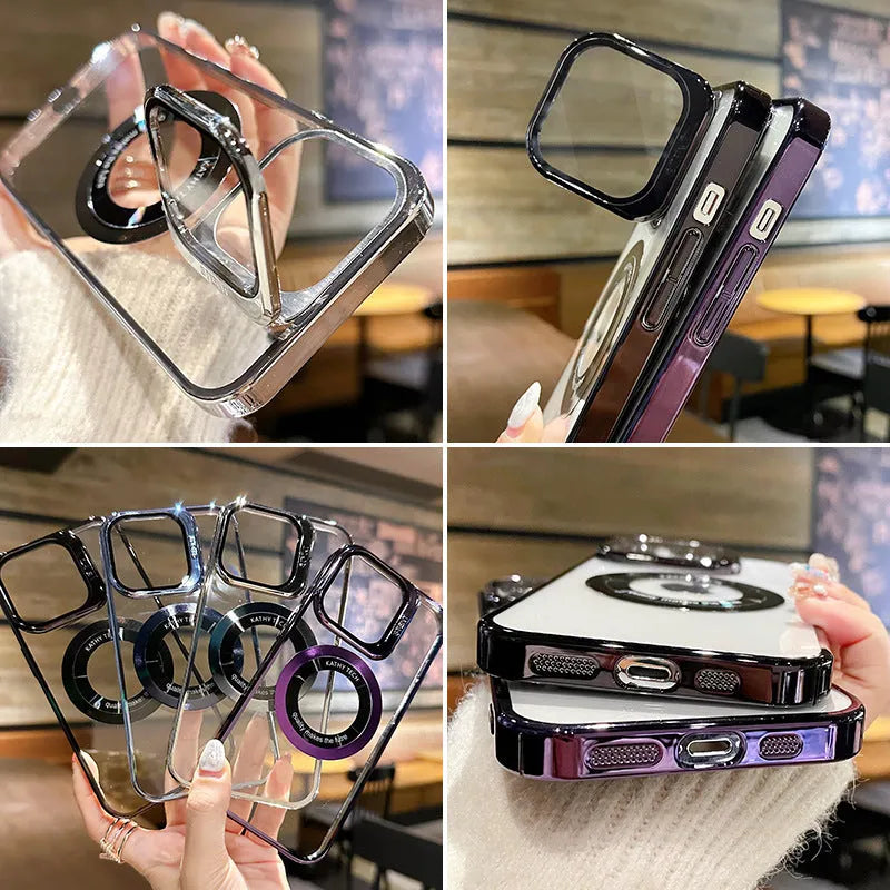 Magnetic leakage label phone case with electroplating finish for Apple iPhone 14 Pro Max, dark purple
